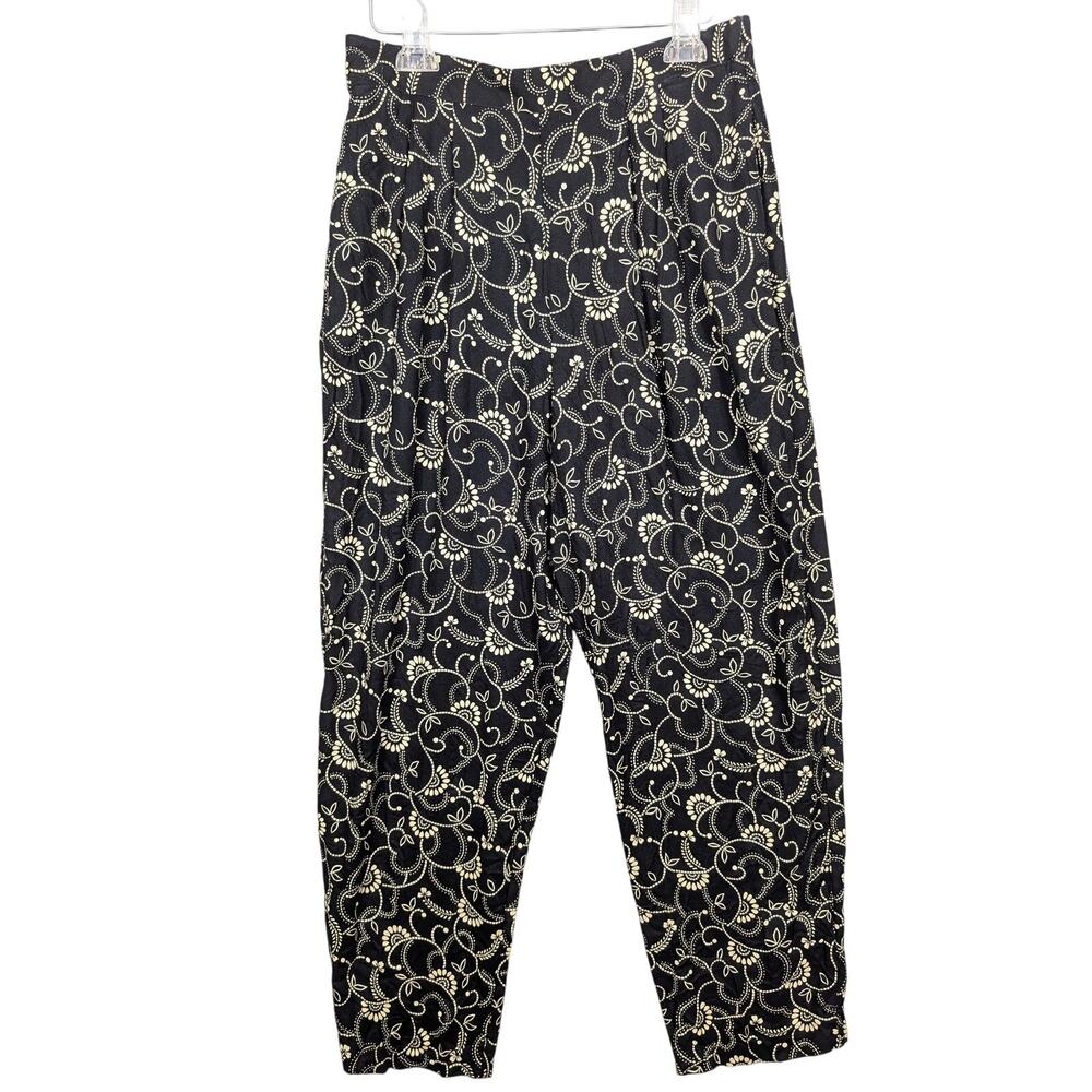 Vintage Pants Womens 14 Black Floral Print Pleated Made USA Toni Garment Boho